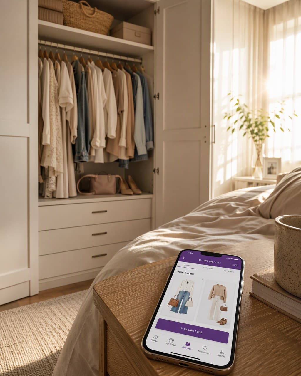 An open wardrobe and the LOOKA app with a ready morning outfit