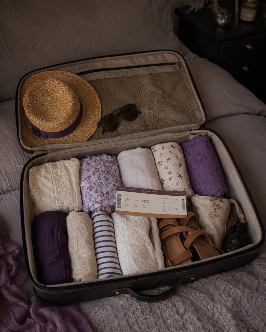 A suitcase with a vacation capsule wardrobe built by LOOKA